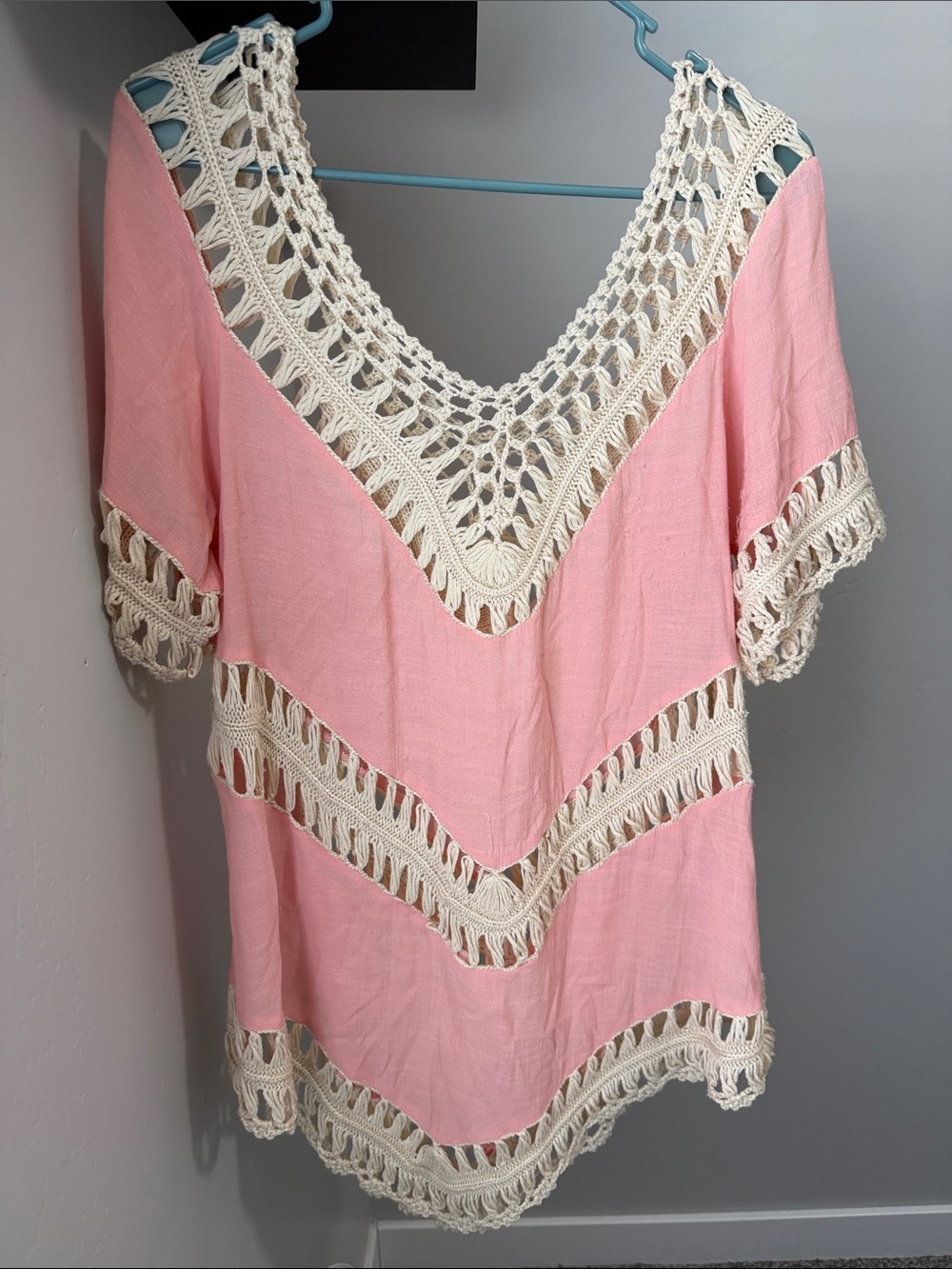 Cloud Chaser Pink Top with Cream Crochet Trim